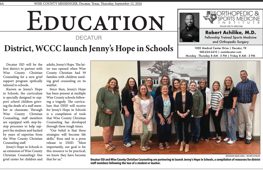 WCCC Launch Jenny's Hope in Schools Article